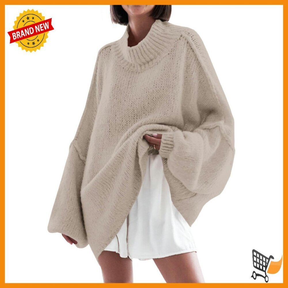 Oversized Mock Neck Batwing Sweater Ribbed Knit Tunic Pullover